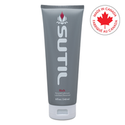 Sutil Rich thick water-based lubricant in a grey tube with a Canadian maple leaf logo.