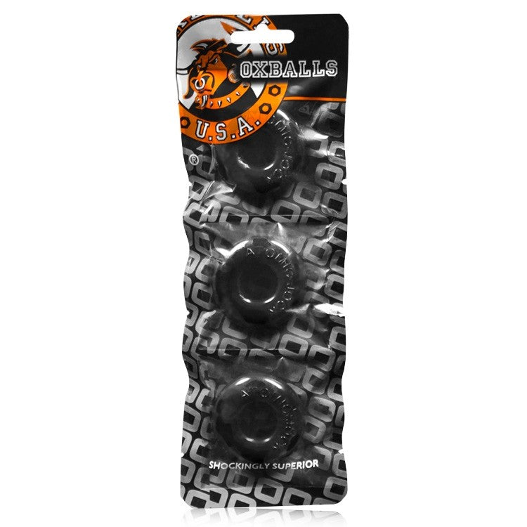 Oxballs stretchy cock rings in a 3-pack.