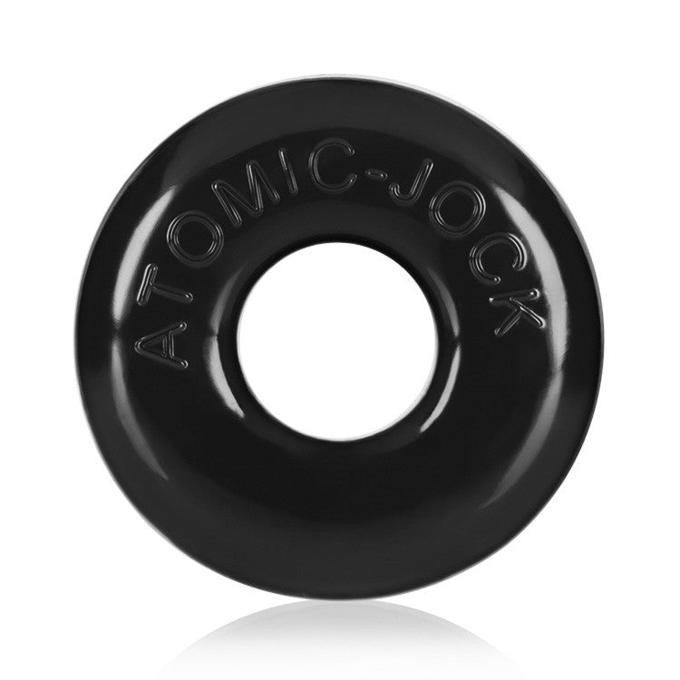 Black stretchy cock ring with "ATOMIC-JOCK" embossed on it.