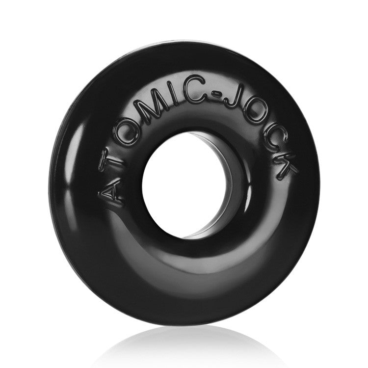 Black stretchy cock ring with "ATOMIC JOCK" embossed around it.