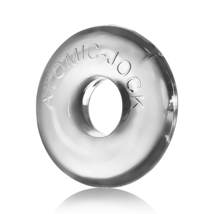 Clear stretchy cock ring with "ATOMIC-JOCK" embossed on it.