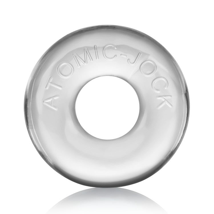 Clear, stretchy cock ring with "ATOMIC-JOCK" embossed on it.