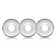 Three clear, round cock rings with "ATOMIC JOCK" embossed on them.