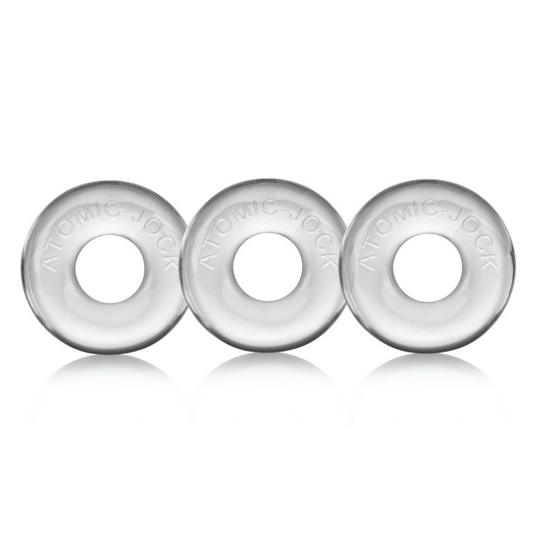 Three clear, round cock rings with "ATOMIC JOCK" embossed on them.
