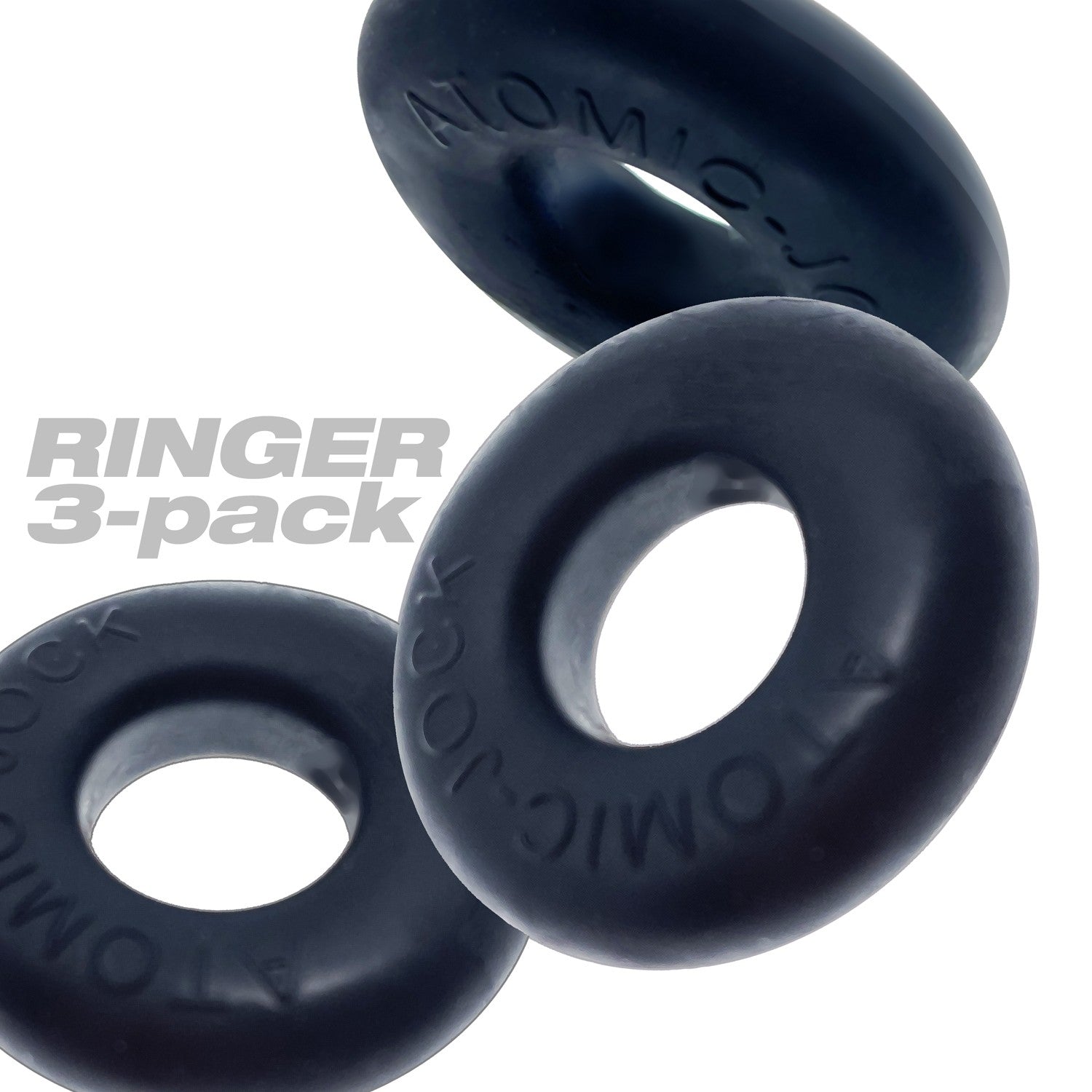 Three black stretchy silicone cock rings with "ATOMJC" embossed on them.