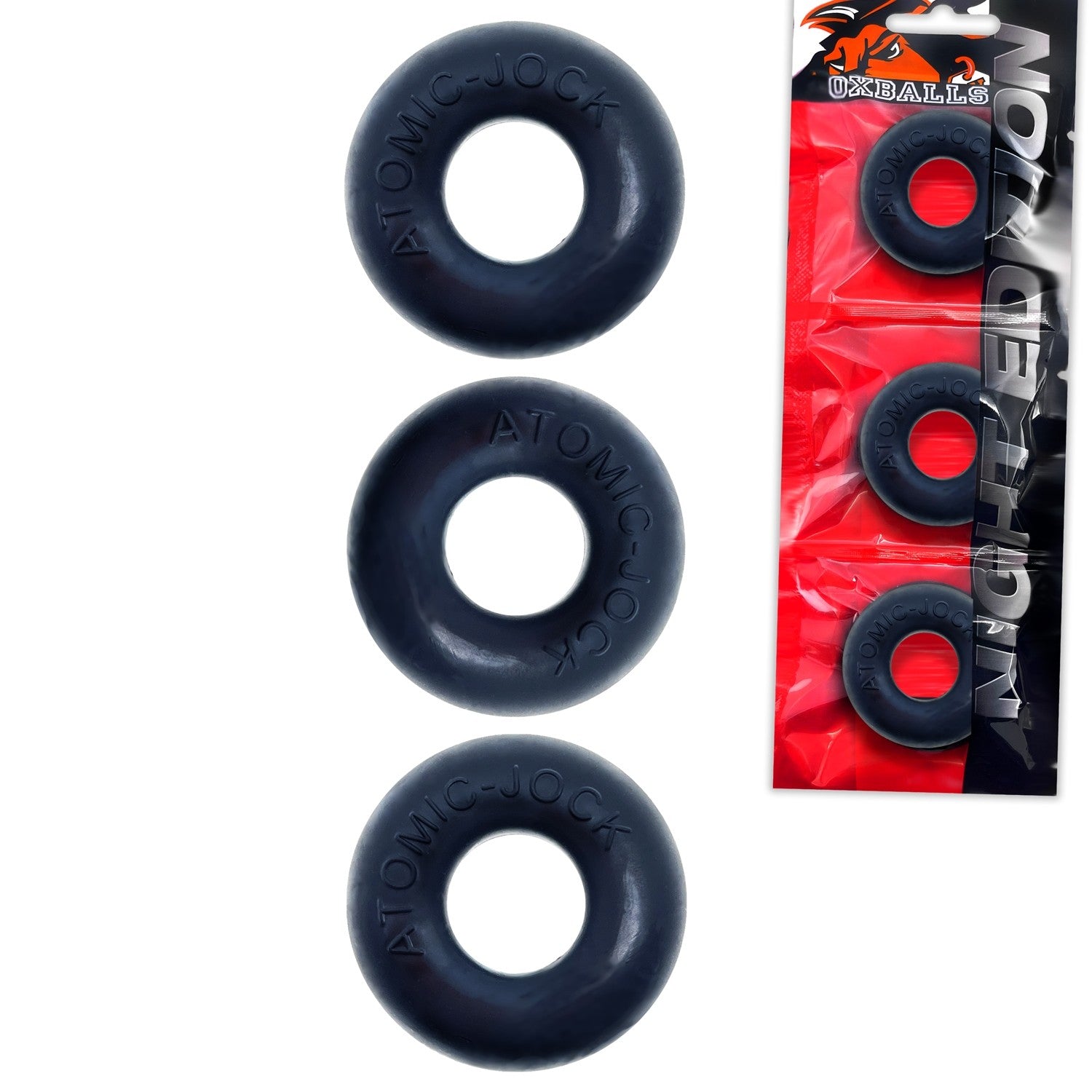 Three dark grey stretchy silicone cock rings with "ATOMIC-JOCK" embossed on them.