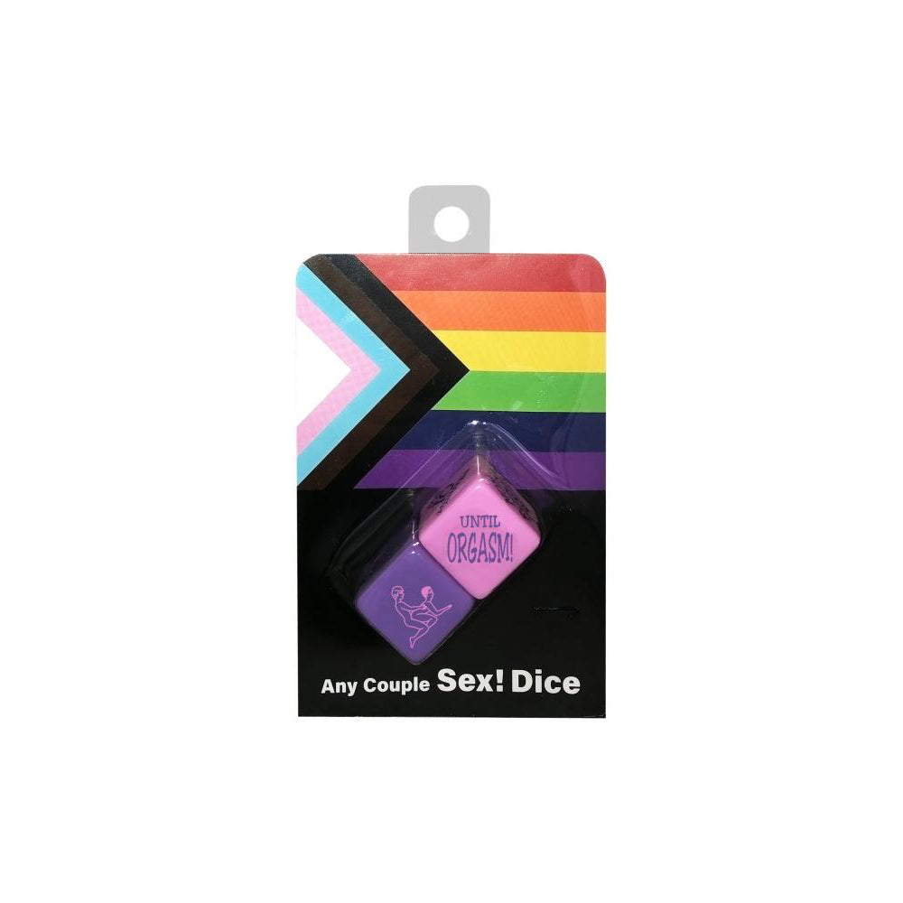 Two dice, one pink and one purple, are displayed in packaging with a rainbow and progress pride flag design.