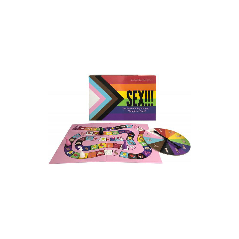 Adult board game with game board, spinner, and playing pieces.