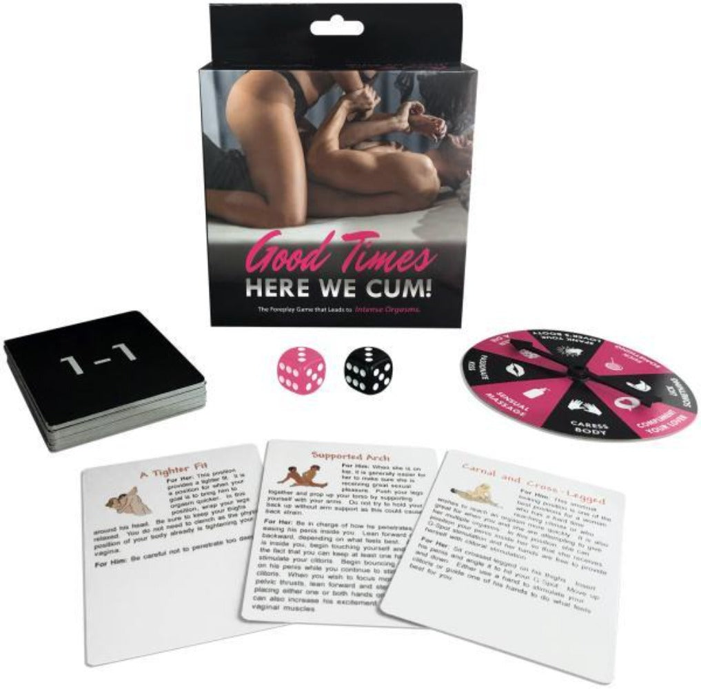 Foreplay game with cards, dice, and a spinning wheel.