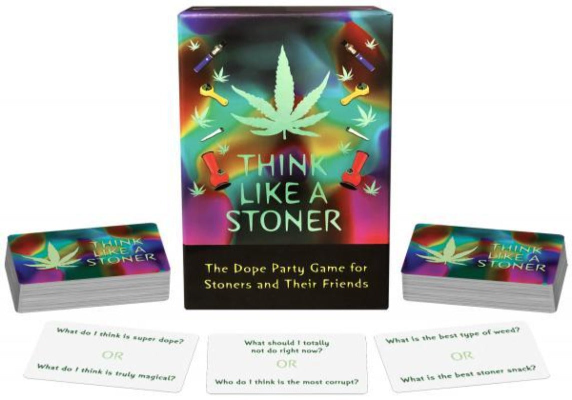 Think Like a Stoner party game box with cards and question prompts.