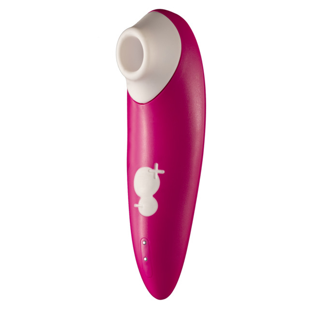 A pink and white clitoral suction vibrator with a white circular opening at the top.