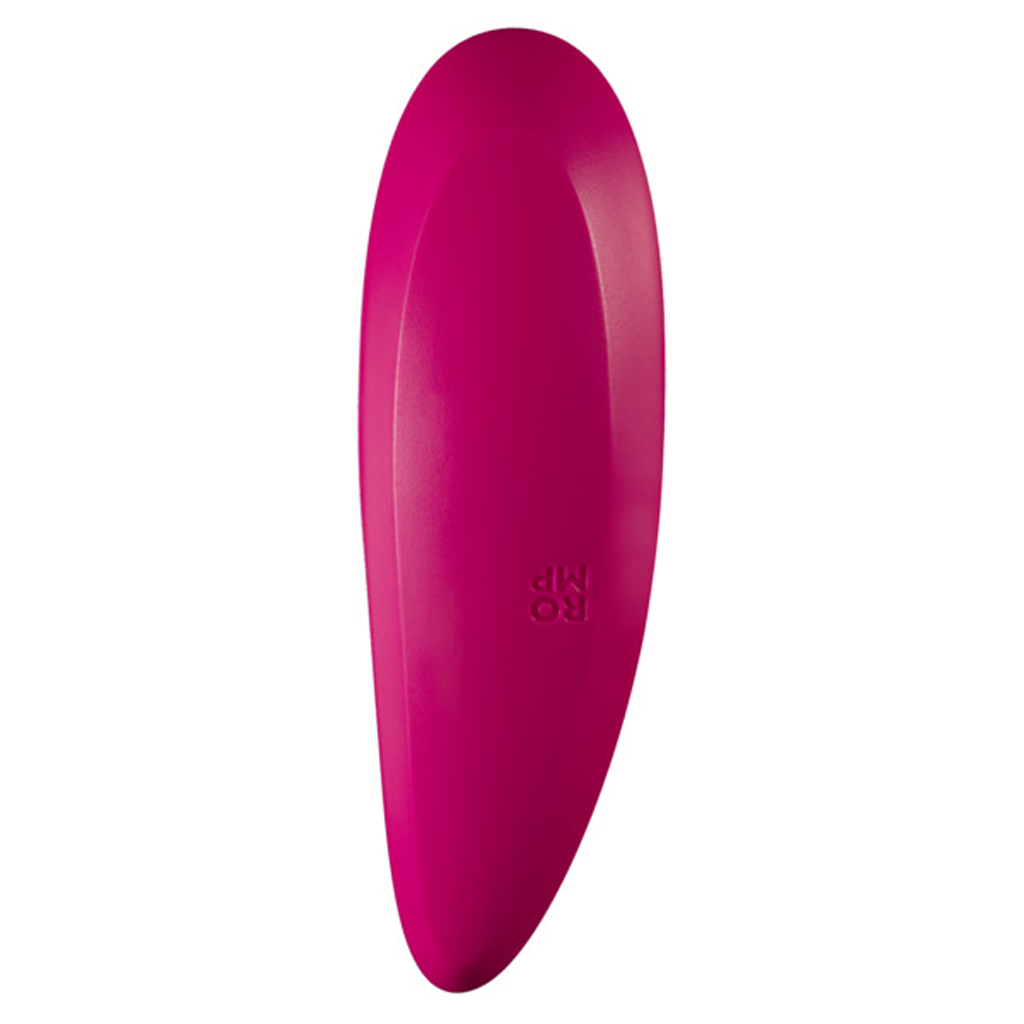 A pink clitoral suction vibrator with "ROMP" embossed on it.