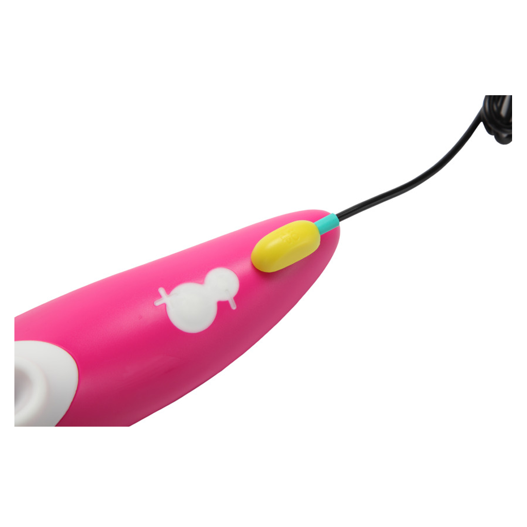 Pink clitoral suction vibrator with a white cartoon design and a yellow button.