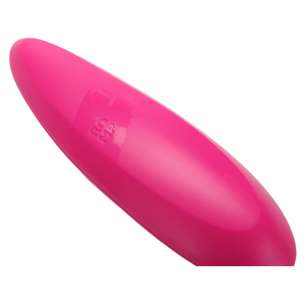 A bright pink clitoral suction vibrator with the ROMP logo.