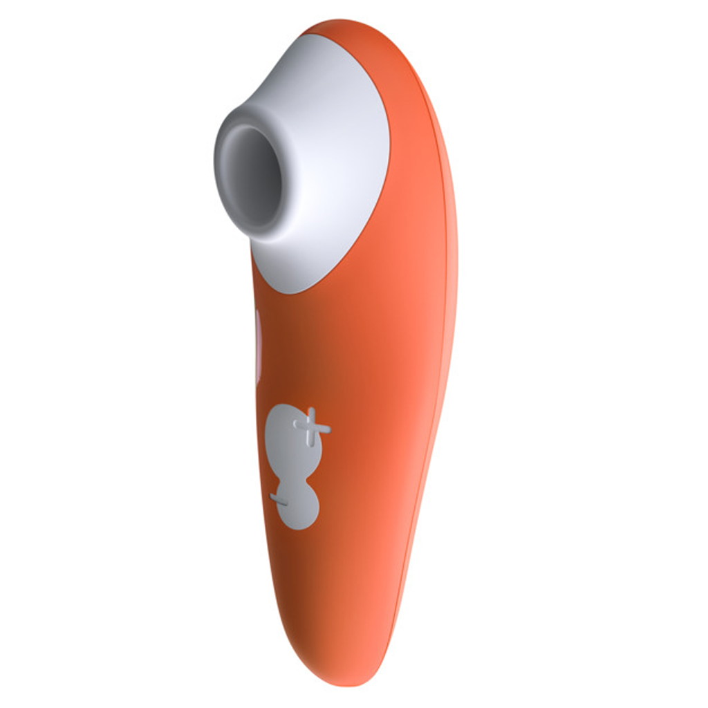 Orange clitoral stimulator with a white tip and a light gray design.