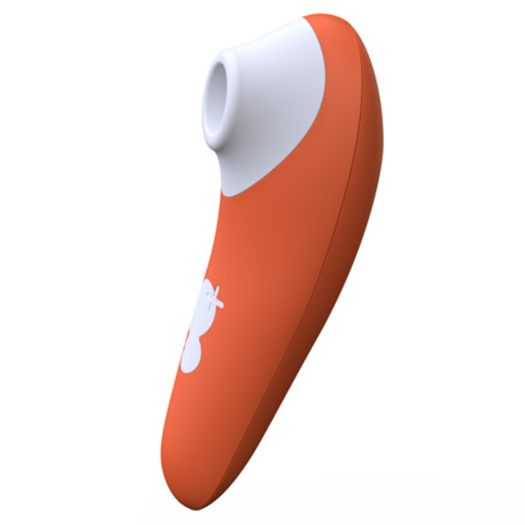 Orange and white clitoral air pressure stimulator with a white design.