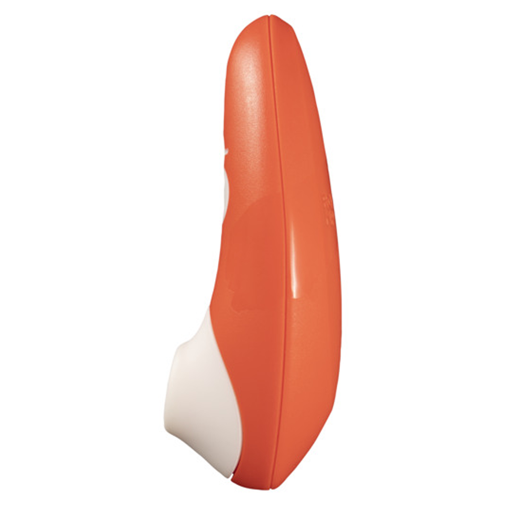 Orange and white clitoral air pressure stimulator with a curved shape.
