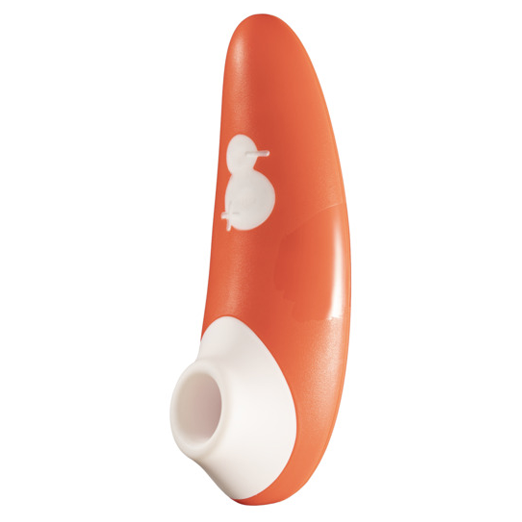 Orange clitoral air pressure stimulator with white accents and a white opening.