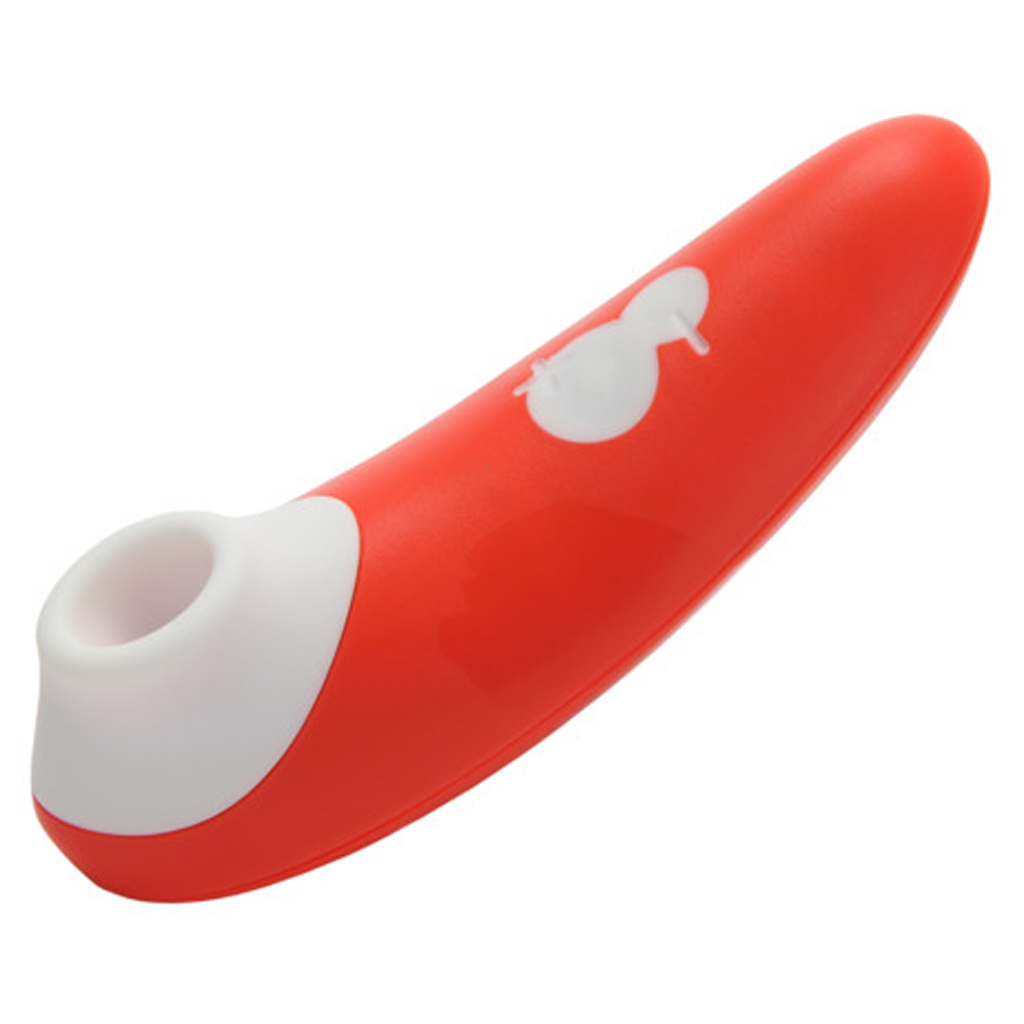 Red and white clitoral air pressure stimulator with a white suction opening.