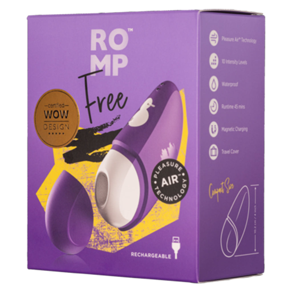 Purple box for ROMP Free clitoral suction vibrator with product features listed.