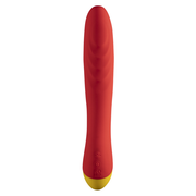 Red silicone G-spot vibrator with yellow tip and control buttons.