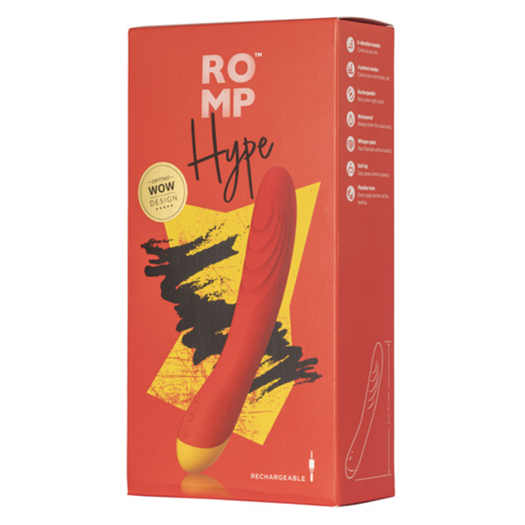 Red and yellow ROMP Hype vibrator on a red box with product details.