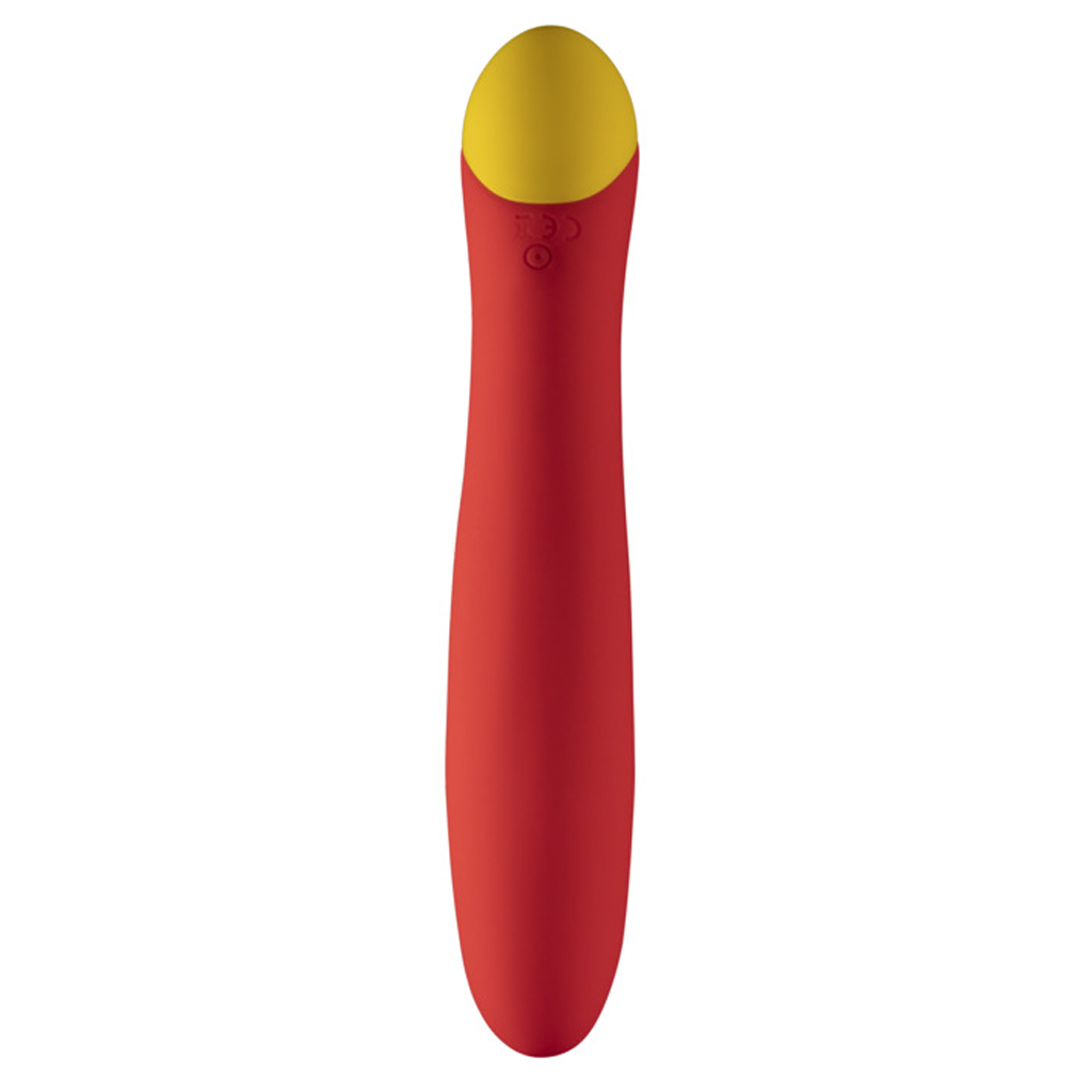 A red and yellow G-spot vibrator with a curved tip.