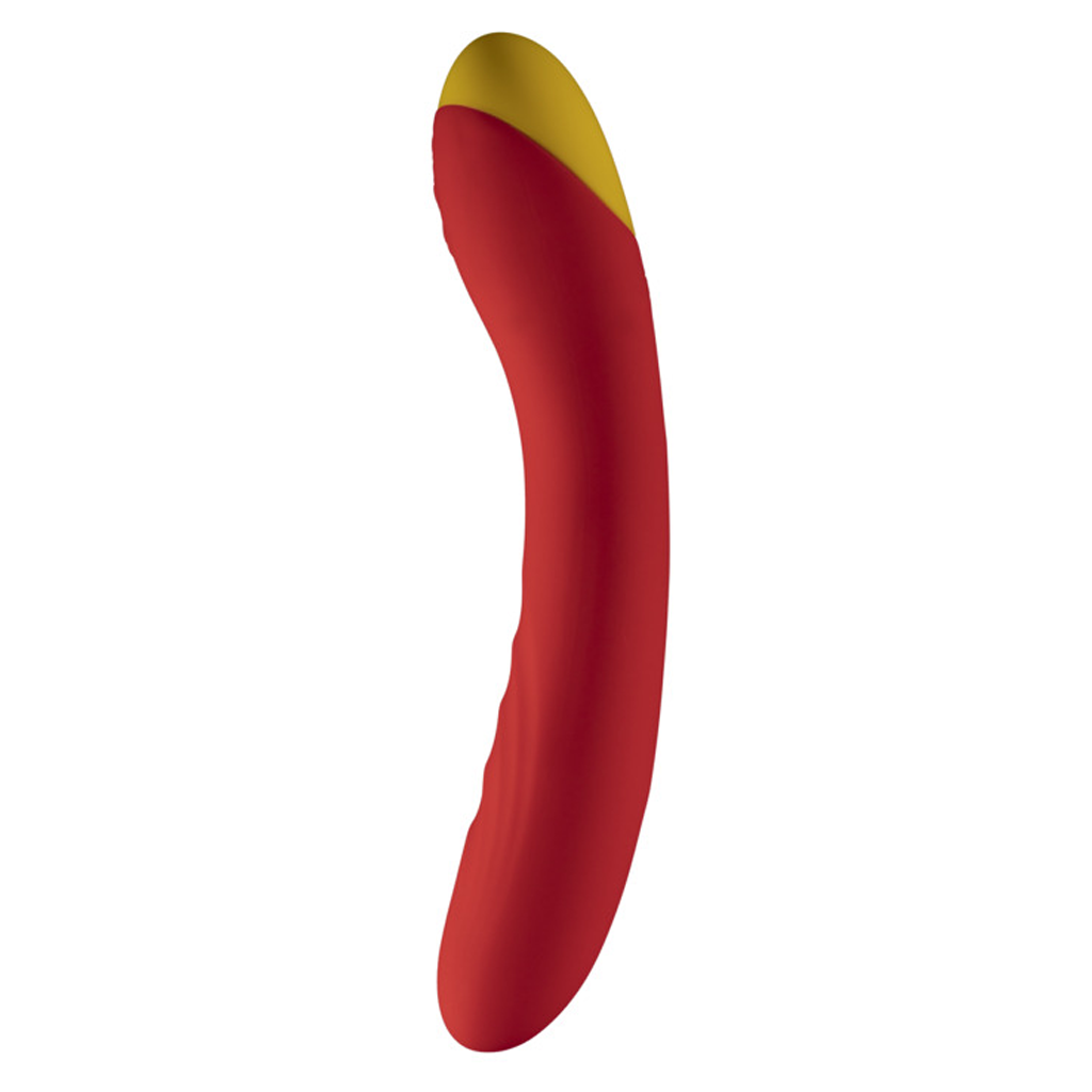 Curved red and yellow vibrator with a textured surface.