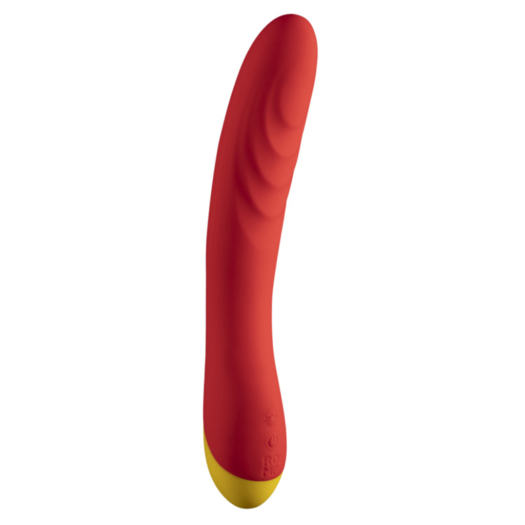 Red and yellow G-spot vibrator with textured top and buttons at the base.