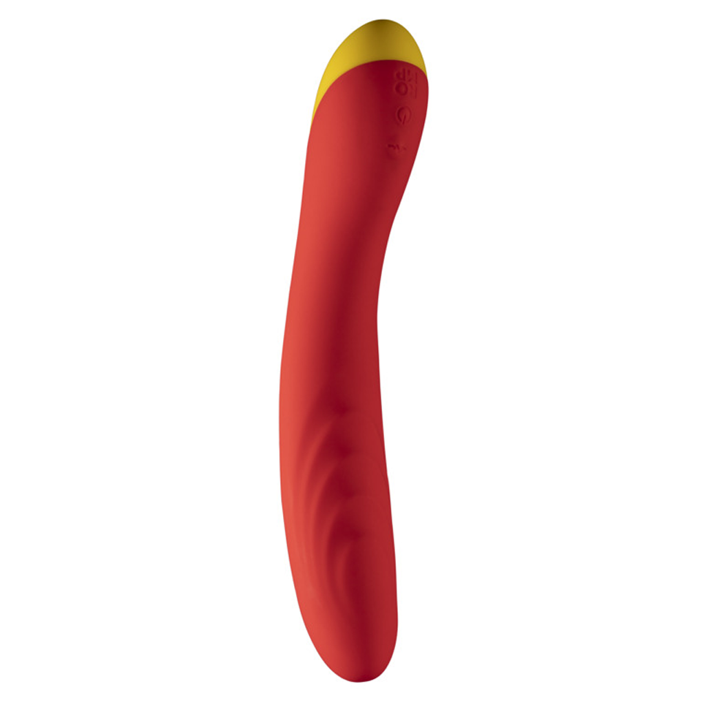 Red and yellow G-spot vibrator with curved tip and textured body.