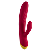 A red and yellow rabbit vibrator with a curved body and two ears.