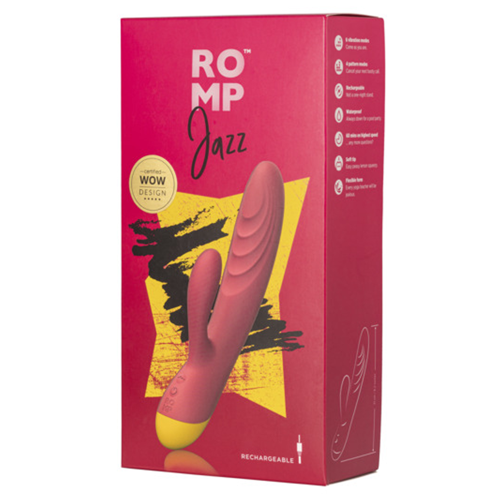 Pink and yellow ROMP Jazz rabbit vibrator on a red box with product details.