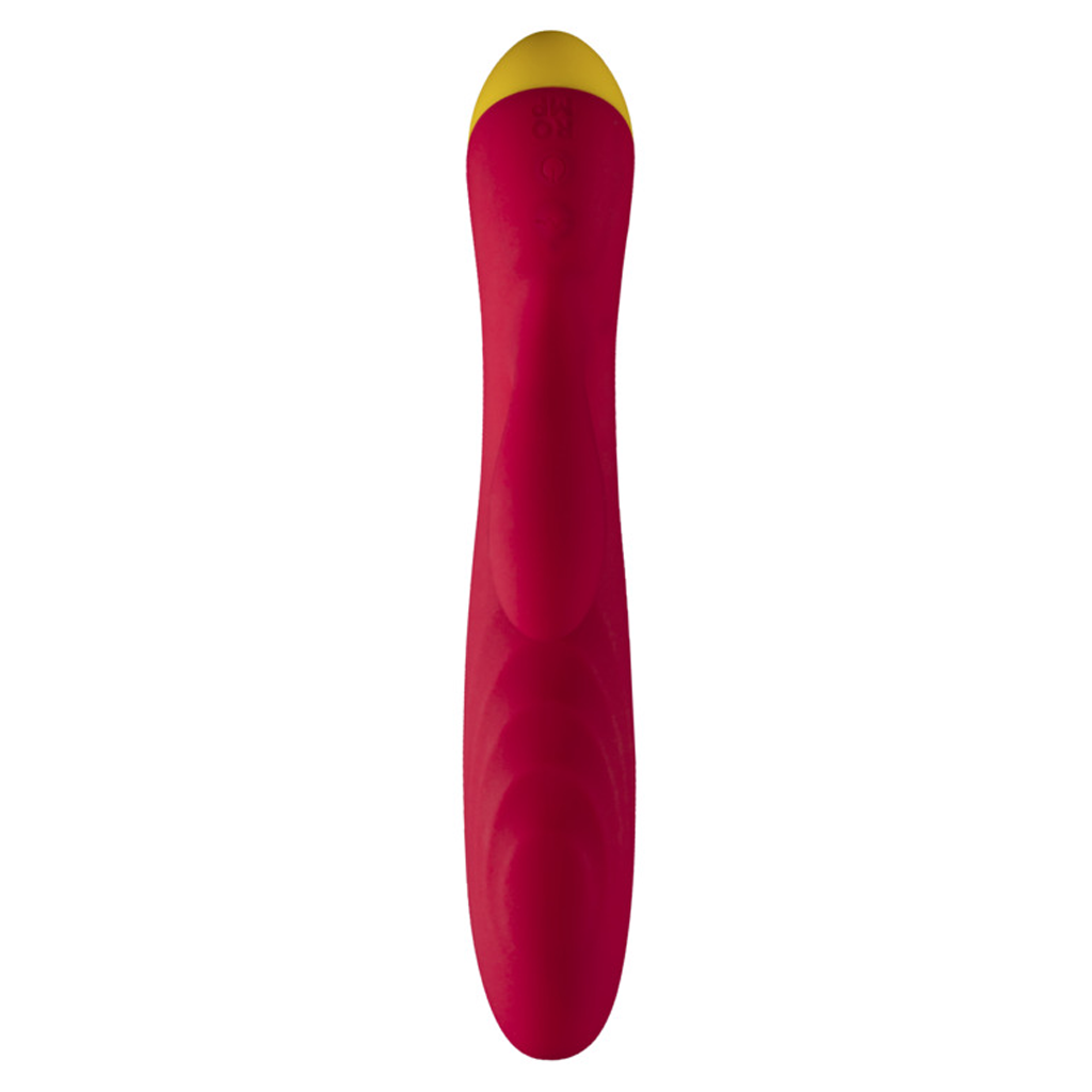 A red and yellow rabbit vibrator with textured ridges.