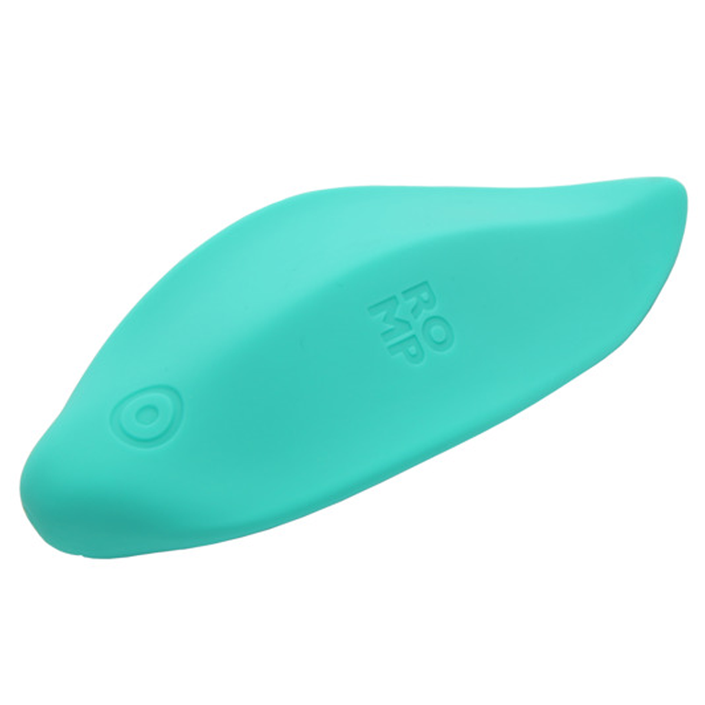 A teal lay-on vibrator with the ROMP logo.
