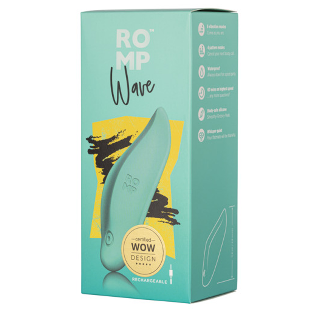 A teal ROMP Wave vibrator on its packaging, featuring product details.