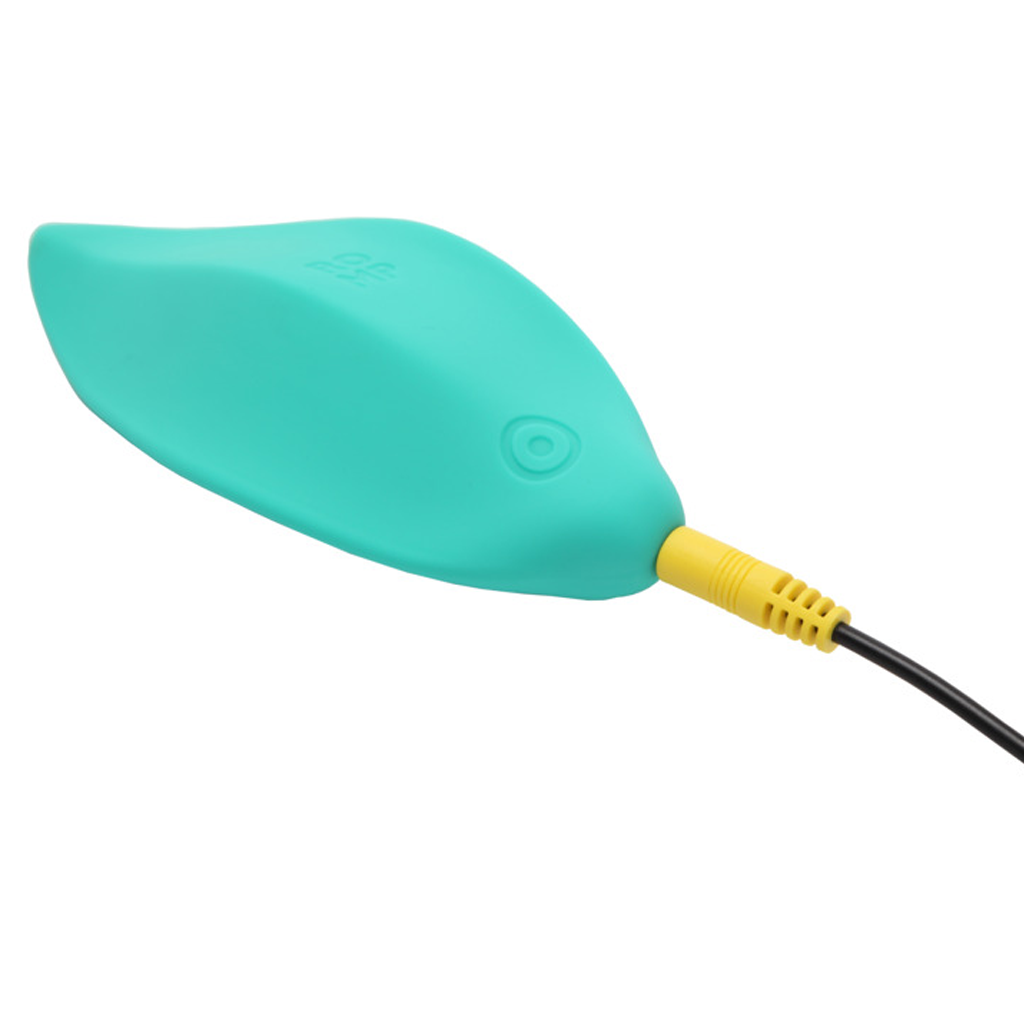 Teal leaf-shaped waterproof silicone vibrator with a yellow connector and black cord.