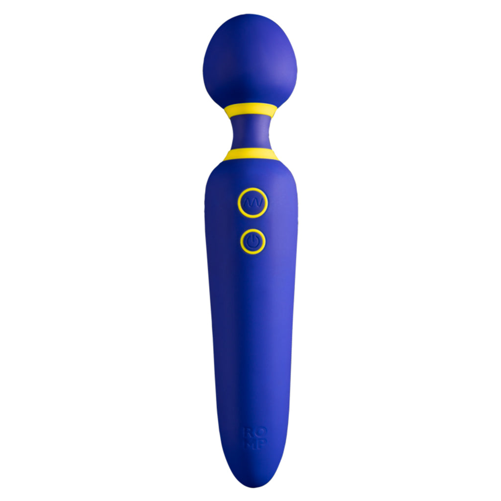 Blue wand massager with yellow accents and two yellow buttons.