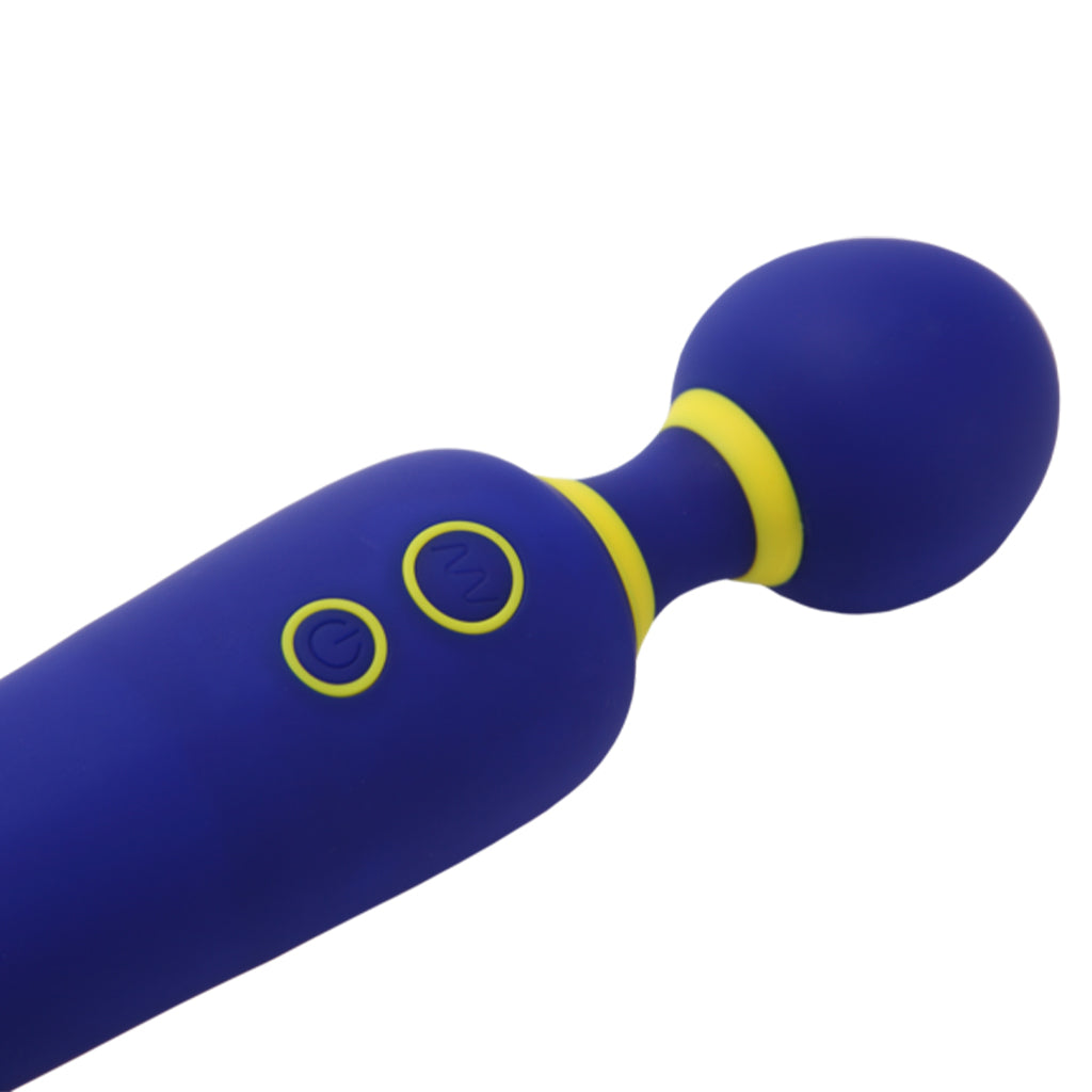 Blue and yellow wand massager with two control buttons.