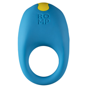 Blue vibrating cock ring with yellow accent and ROMP logo.