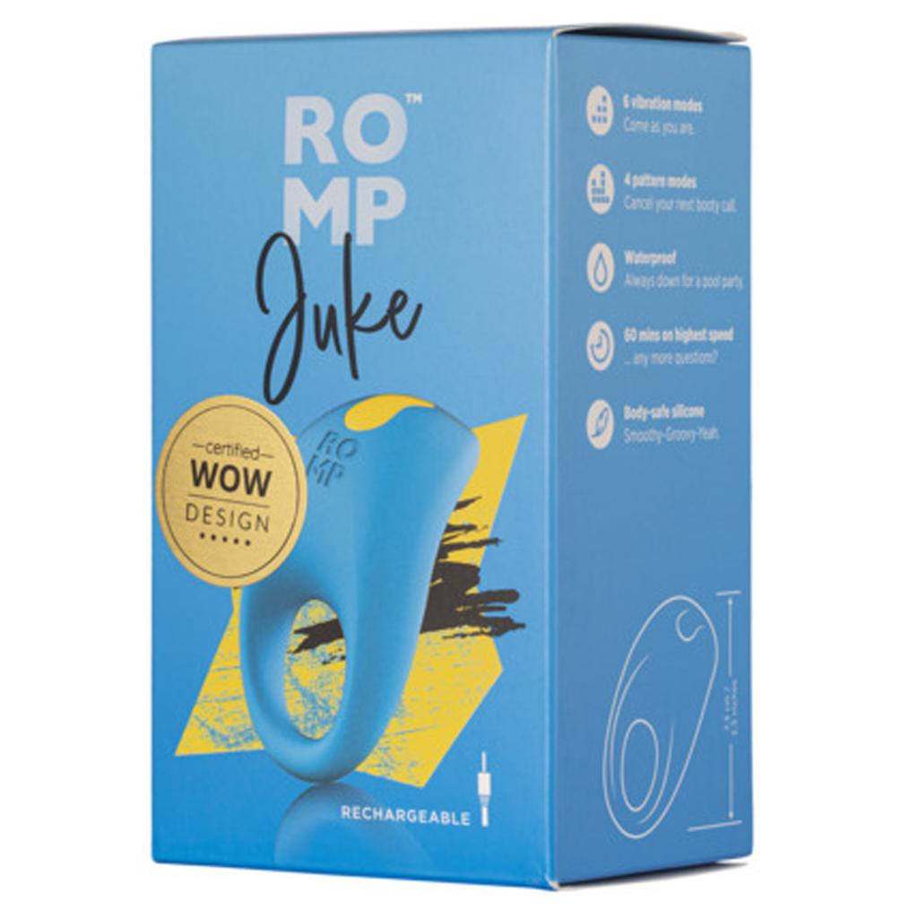 ROMP Juke blue vibrating cock ring on a box with product features.
