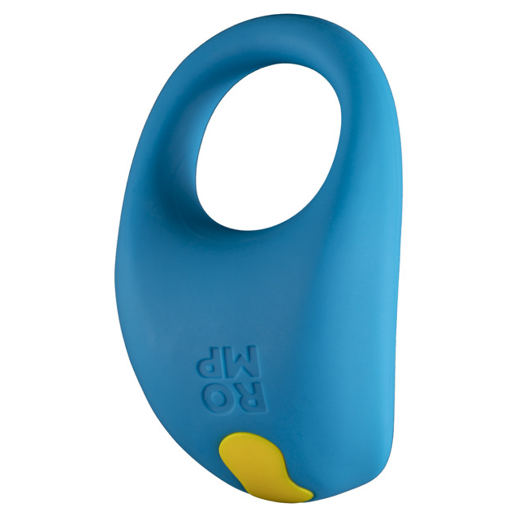Blue vibrating cock ring with yellow accent and ROMP logo.