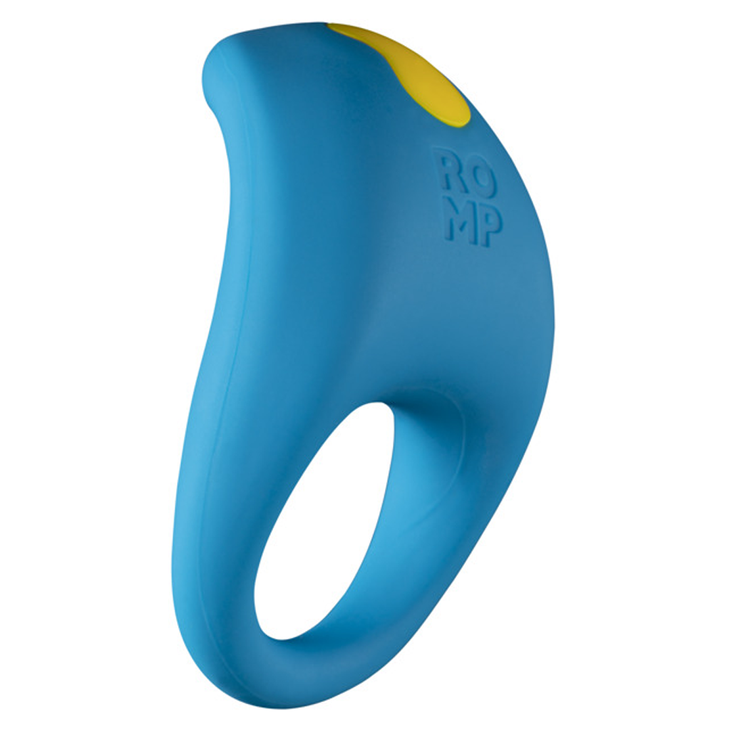 Blue and yellow vibrating cock ring with ROMP logo.