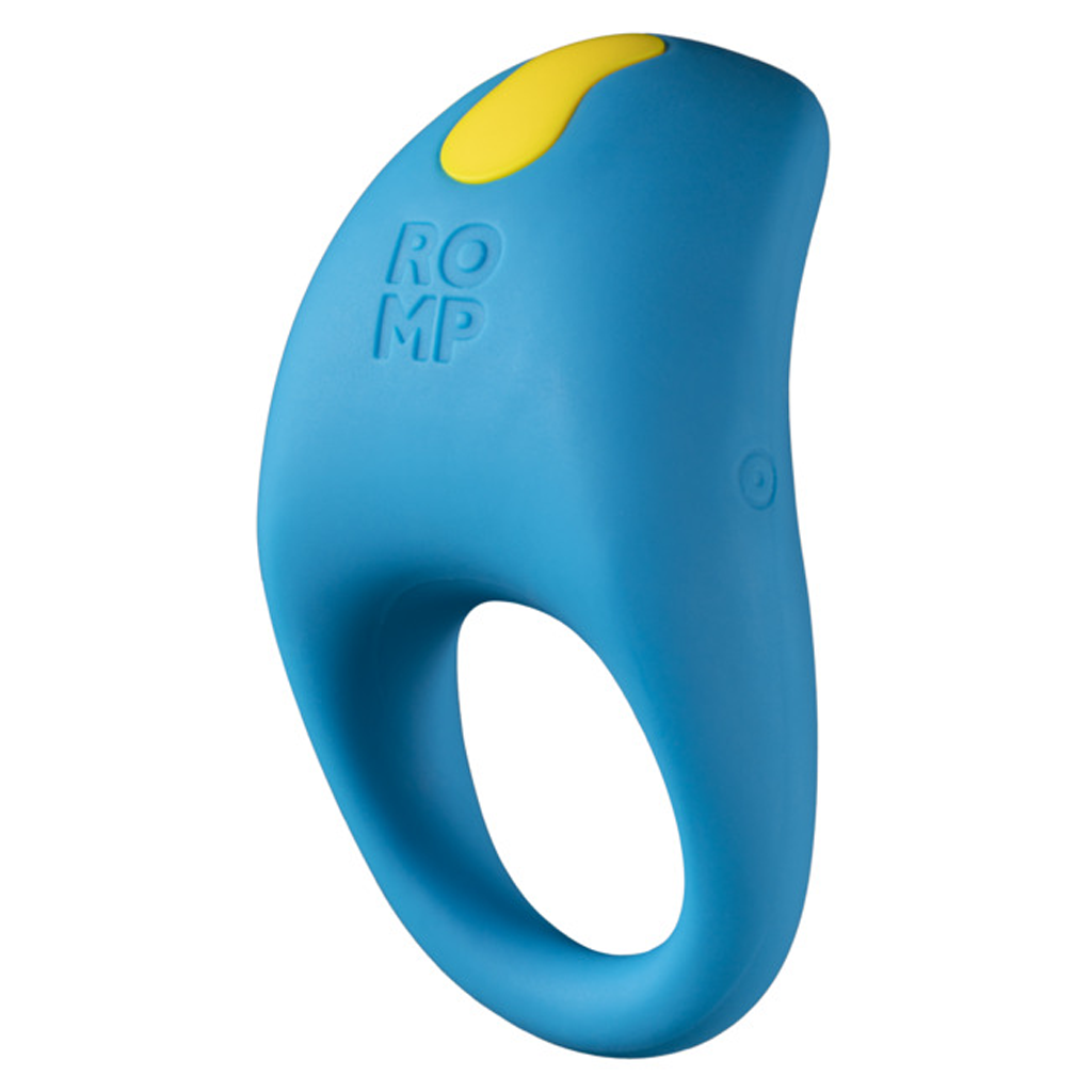 Blue vibrating cock ring with yellow accent and ROMP logo.