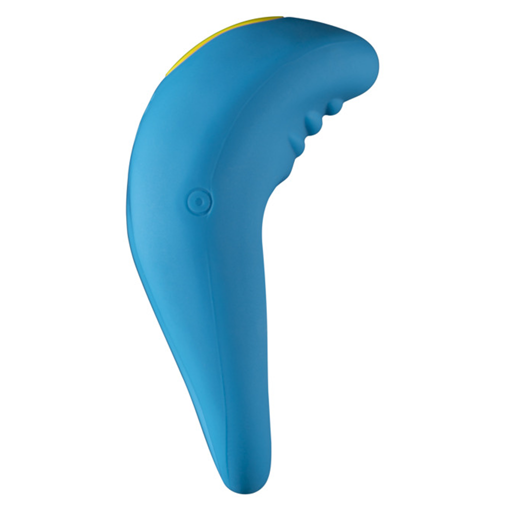 Blue vibrating cock ring with yellow accent and textured grip.