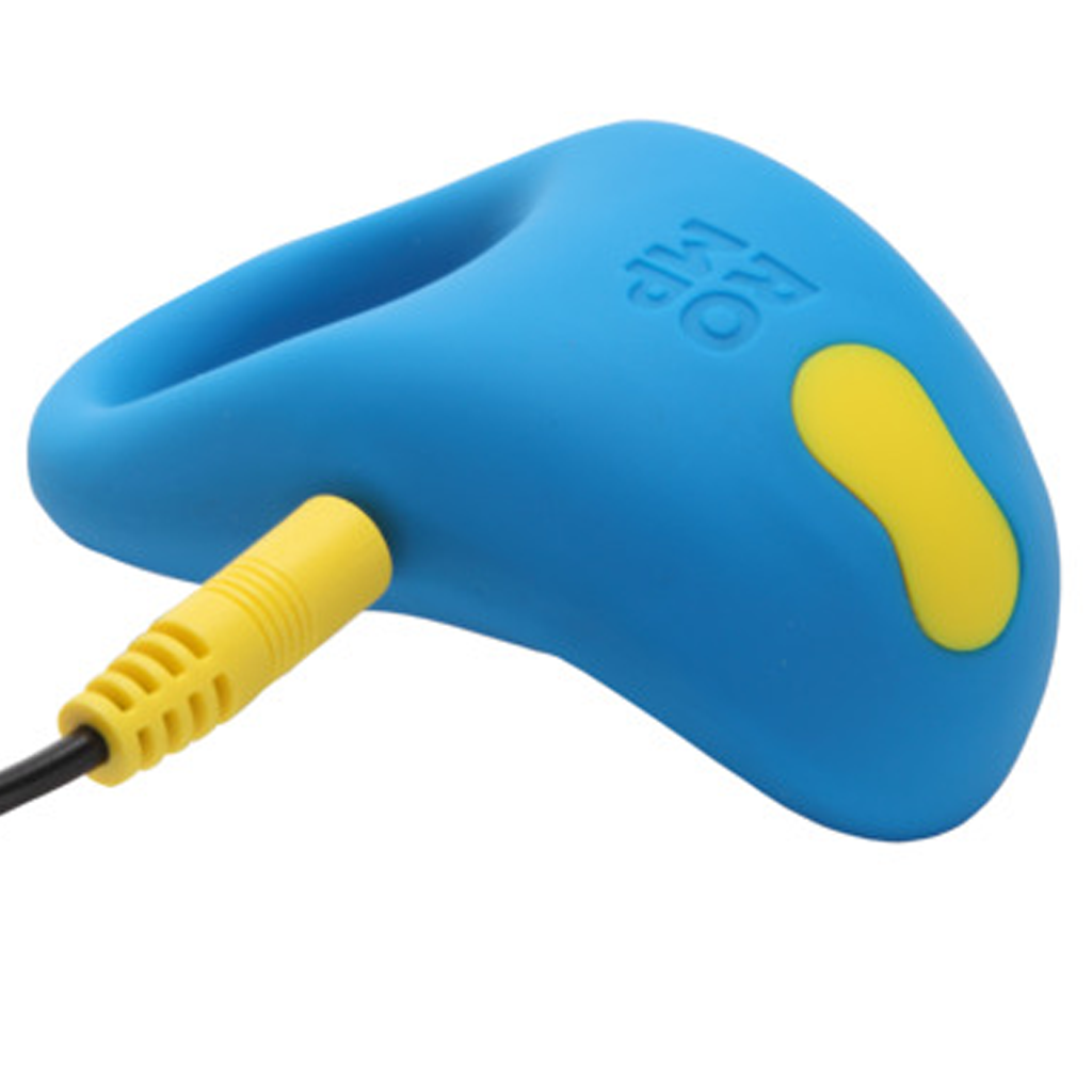 Blue vibrating cock ring with yellow accents and a yellow connector.