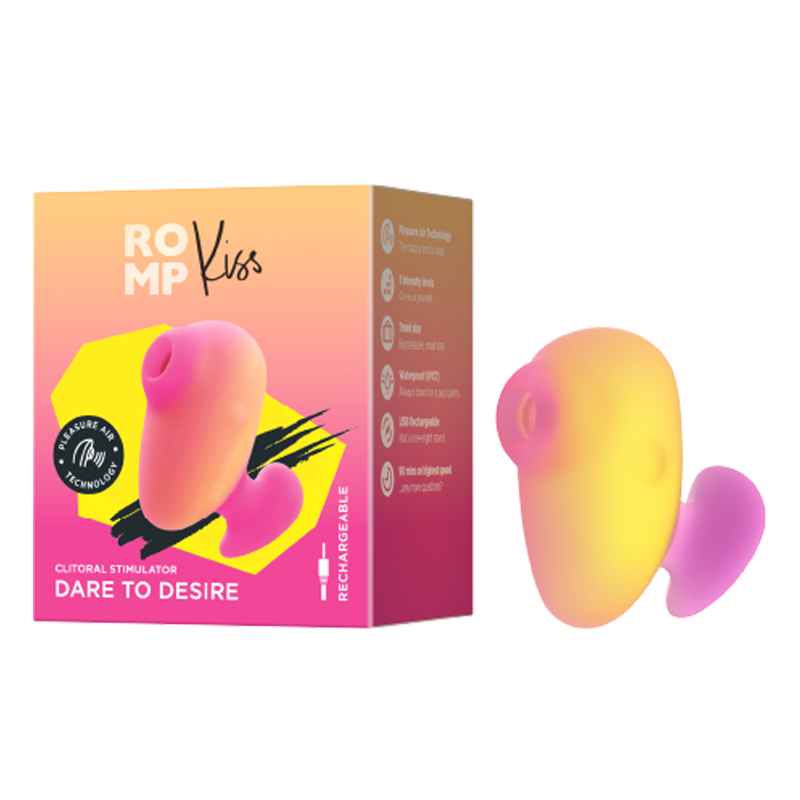 A pink and yellow clitoral suction stimulator with a heart-shaped attachment, next to its packaging.