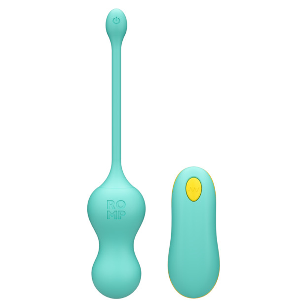 Teal remote-controlled G-spot vibrator with a power button and the ROMP logo.