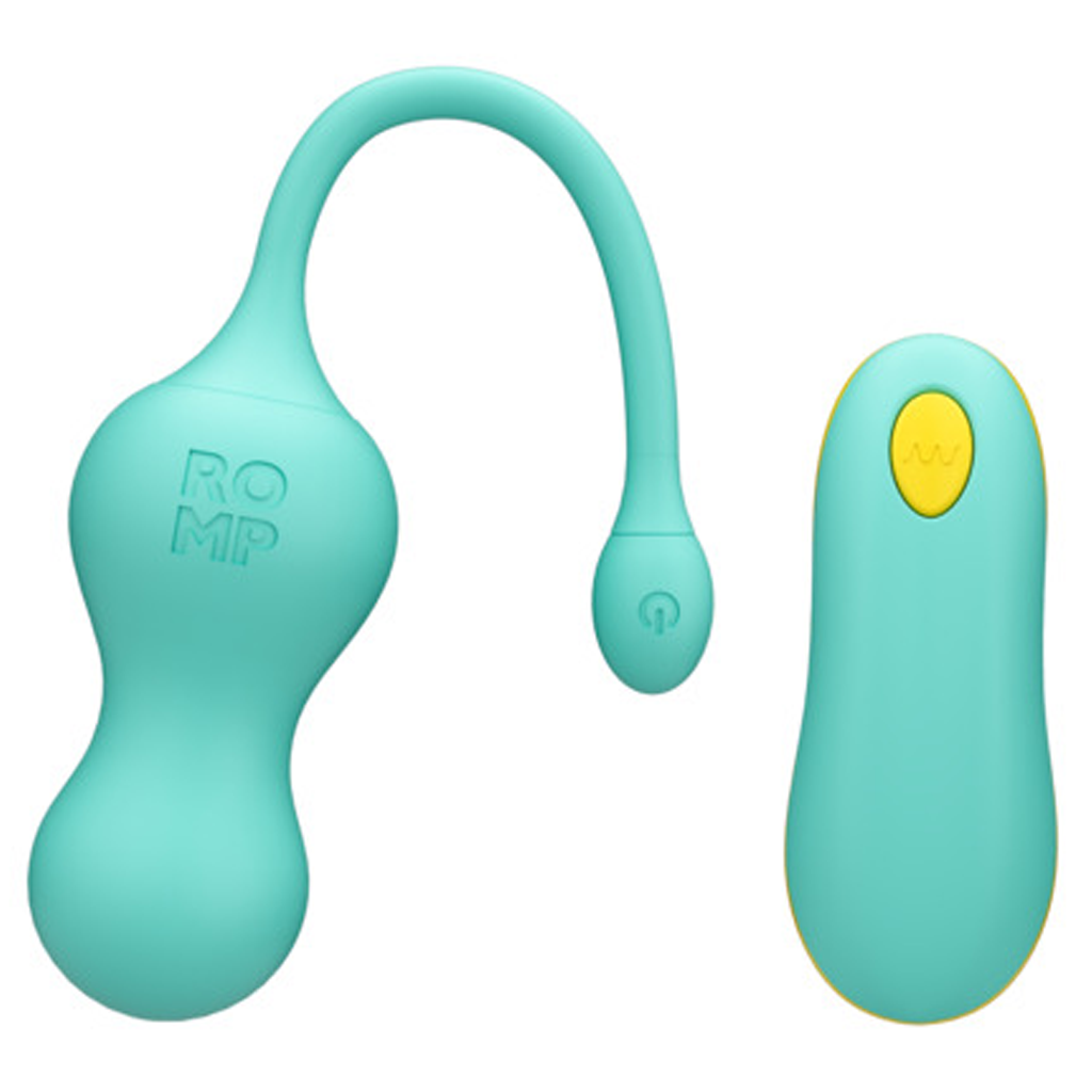 A teal remote-controlled G-spot vibrator with a curved neck and a yellow button on the remote.