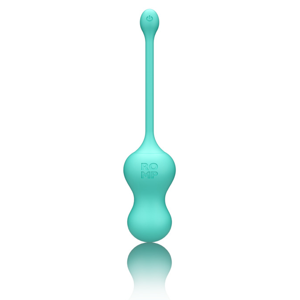 A teal remote-controlled G-spot vibrator with a power button symbol.