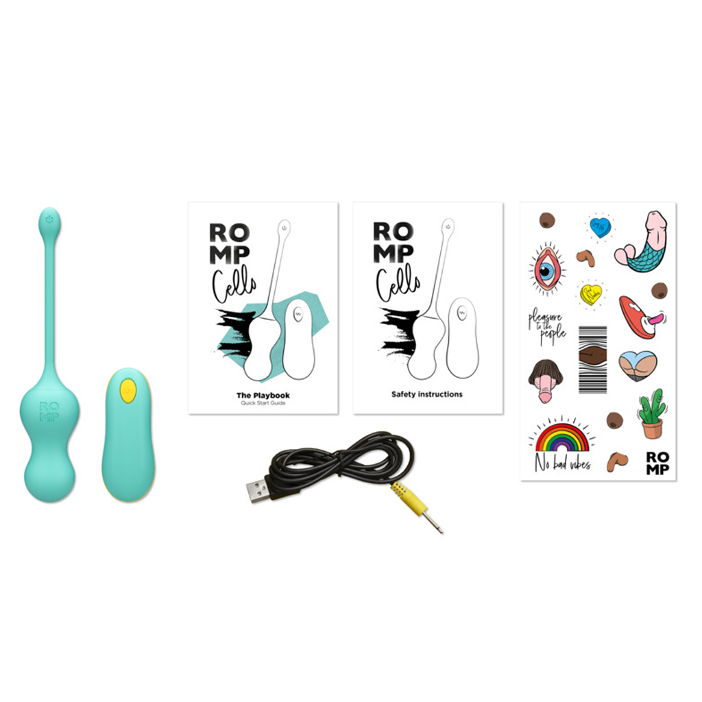 A teal remote-controlled G-spot vibrator with a remote, charging cable, and instruction booklets.